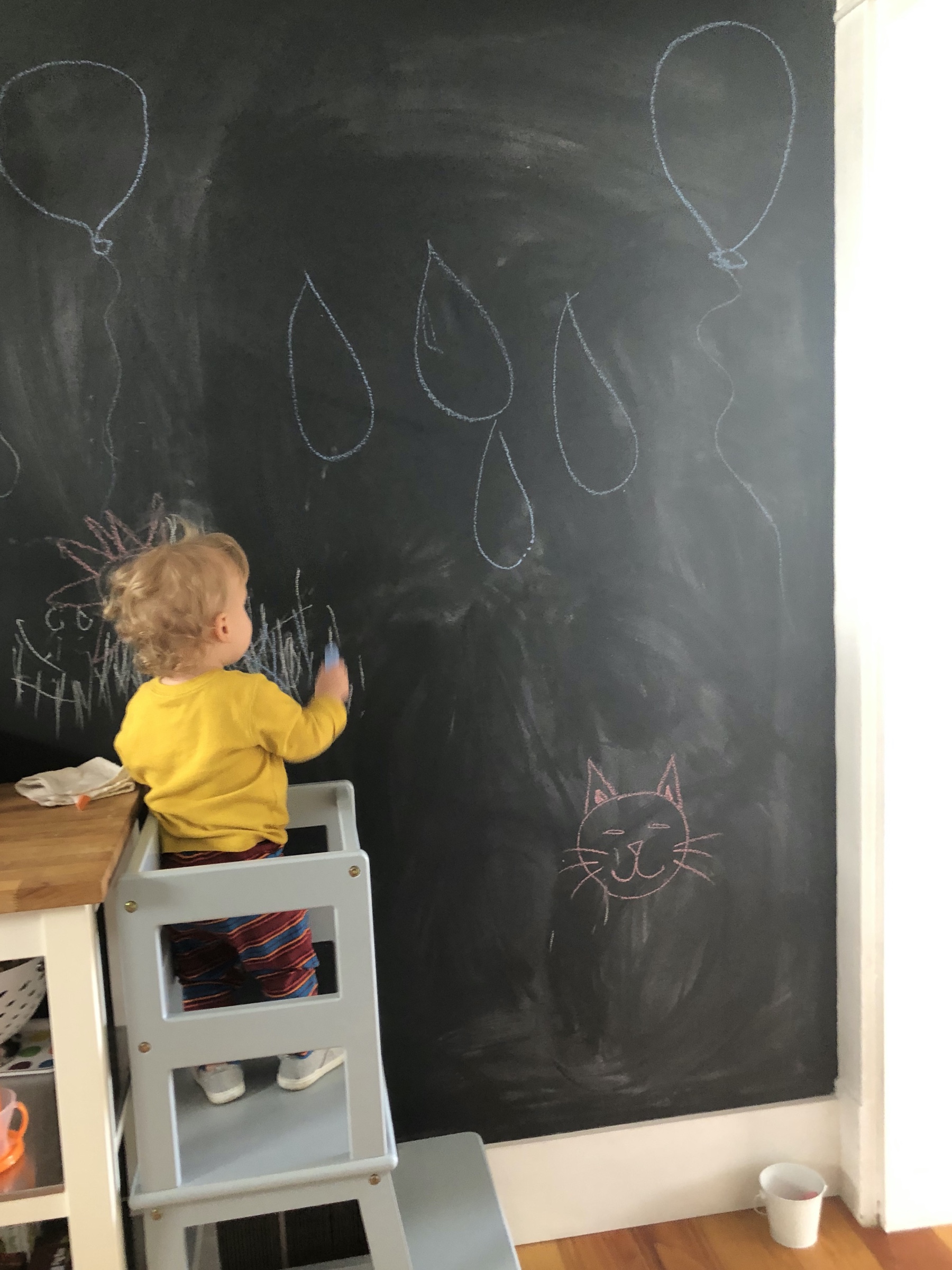 My kitchen wall art! Two coats of black chalk board paint applied to wall.  I wrote on wall using chalk board …
